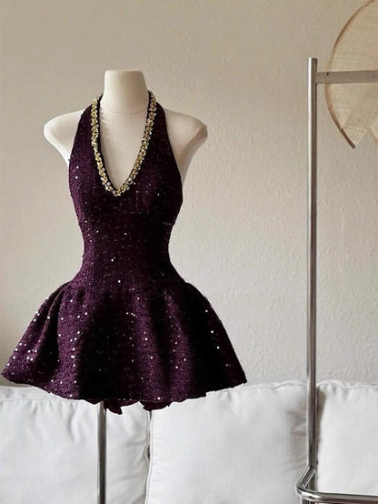 Glamorous Plum Purple Halter V-Neck Gold Rhinestone Sparkly Sequin A Line Short Homecoming Mini Dress AS2571