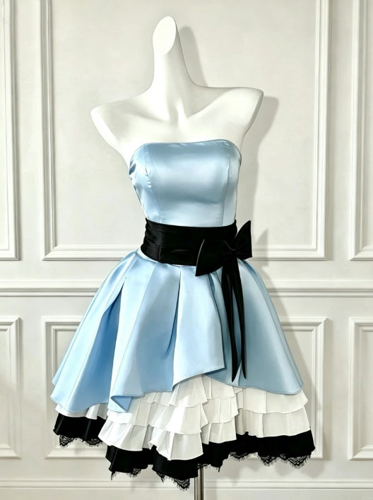 Playful Blue Strapless Satin A Line Short Homecoming Dress With Black Bow Sash Multi-Layer Ruffle Lace Hem AS2572