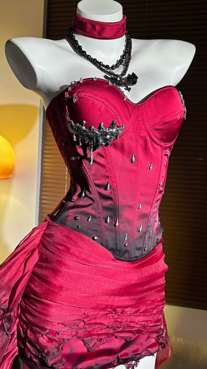 Dramatic Red Ombre Sweetheart Corset Metal Accents Rhinestones  Bodycon Short Homecoming Dress AS2574