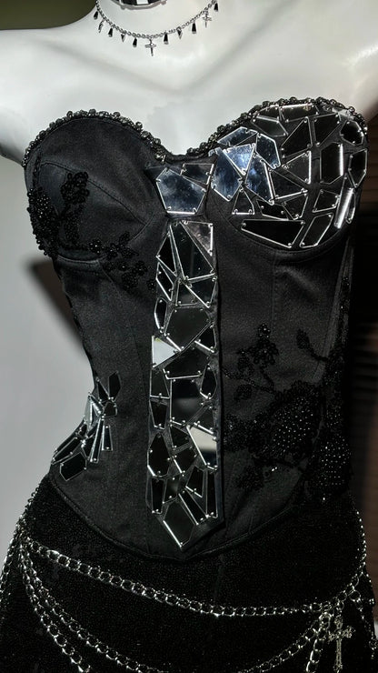 Edgy Black Sweetheart Corset Dress With Mirror Fragment Lace Appliques Beaded Ruched Asymmetrical Bodycon Short Homecoming Dress AS2575