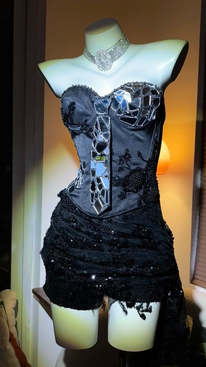 Edgy Black Sweetheart Corset Dress With Mirror Fragment Lace Appliques Beaded Ruched Asymmetrical Bodycon Short Homecoming Dress AS2575