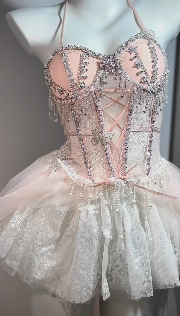 Dreamy Light Pink Halter Sweetheart Lace-up Corset Rhinestone Beaded Fringe Layered Tulle A Line Short Homecoming Dress AS2576