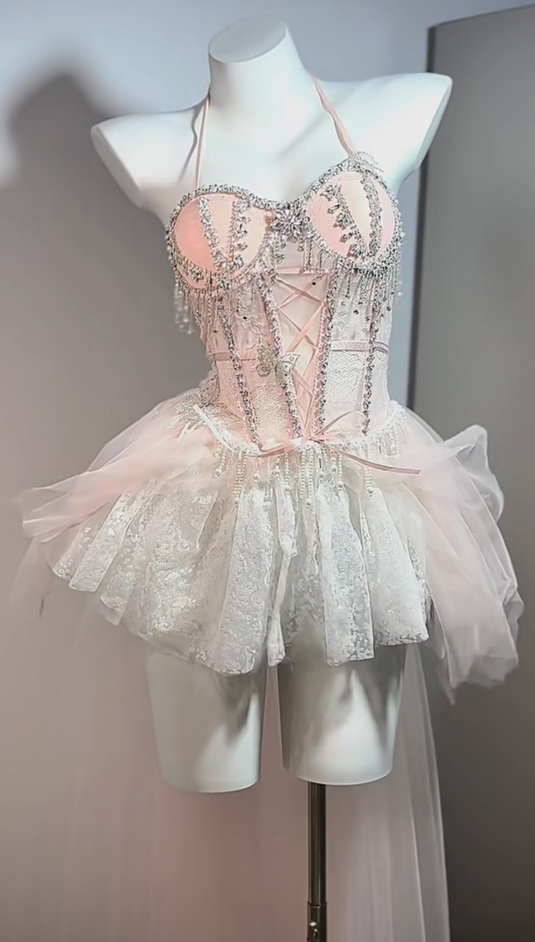 Dreamy Light Pink Halter Sweetheart Lace-up Corset Rhinestone Beaded Fringe Layered Tulle A Line Short Homecoming Dress AS2576