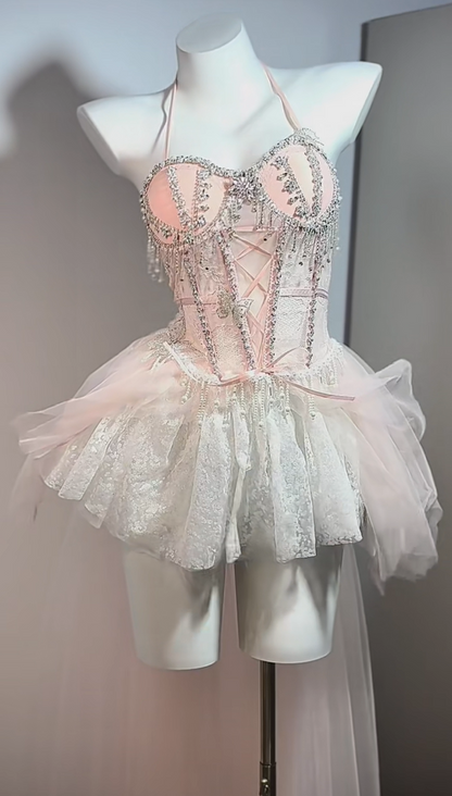 Dreamy Light Pink Halter Sweetheart Lace-up Corset Rhinestone Beaded Fringe Layered Tulle A Line Short Homecoming Dress AS2576