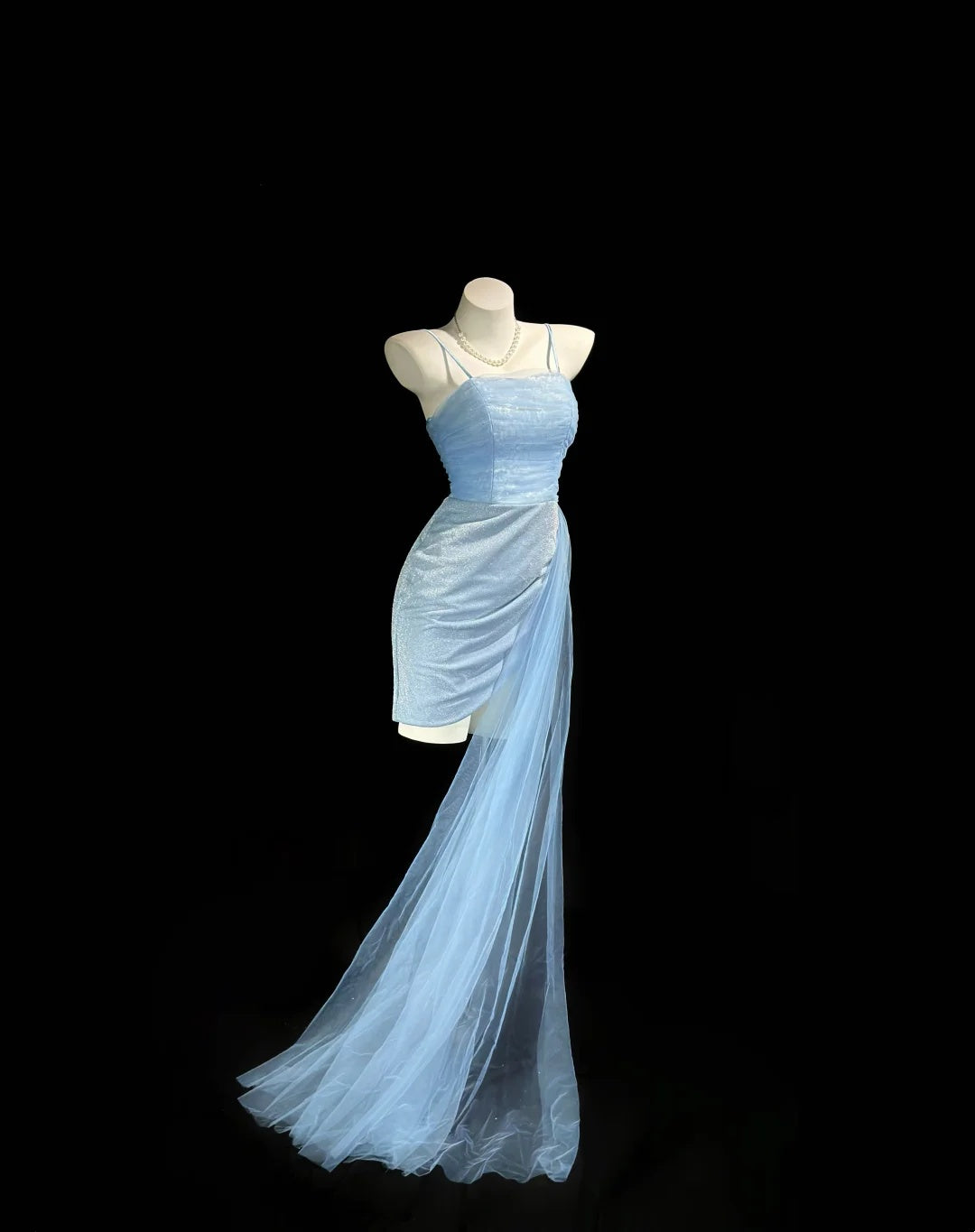 Stunning Light Blue Spaghetti Straps Ruched Glitter Siliver Floral Bodycon Short Homecoming Dress With Draped Long Tulle Train AS2578