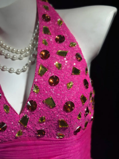 Eye-Catching Fuchsia Halter V-Neck Rhinestone Sequin Beaded Bodice Ruched Waist Flared A Line Tulle Short Homecoming Dress AS2579