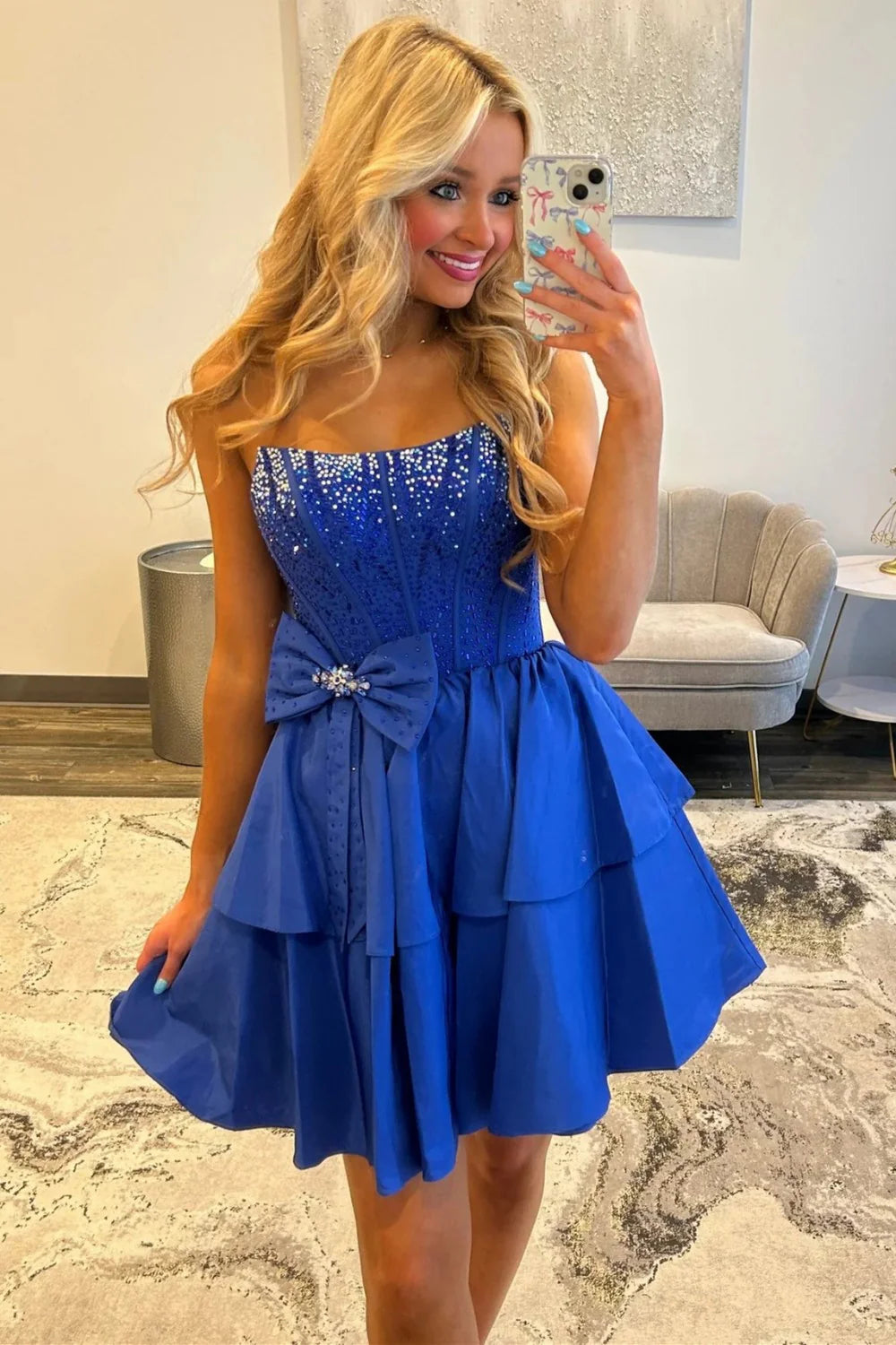 Strapless Royal Blue Tiered Homecoming Dress With Beading Bodice And Bow Detail AS258