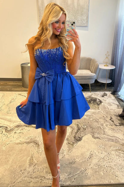 Strapless Royal Blue Tiered Homecoming Dress With Beading Bodice And Bow Detail AS258