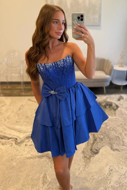 Strapless Royal Blue Tiered Homecoming Dress With Beading Bodice And Bow Detail AS258