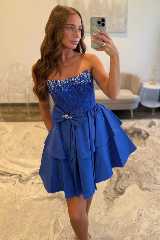 Strapless Royal Blue Tiered Homecoming Dress With Beading Bodice And Bow Detail AS258