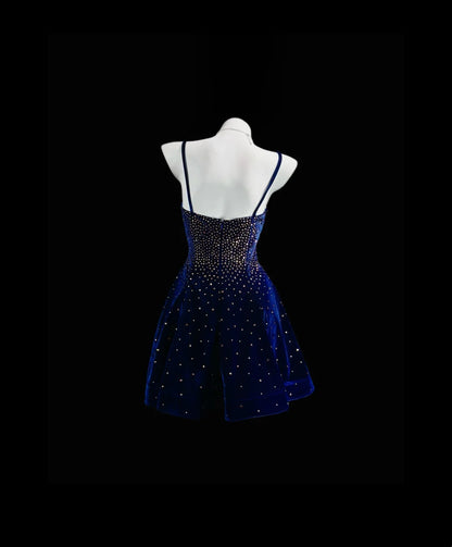 Luxurious Navy Spaghetti Straps Sweetheart Velvet Champagne Rhinestone A-Line Short Homecoming Dress AS2580