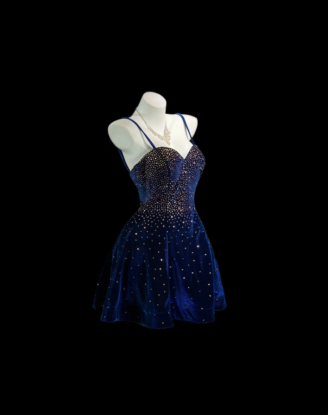 Luxurious Navy Spaghetti Straps Sweetheart Velvet Champagne Rhinestone A-Line Short Homecoming Dress AS2580
