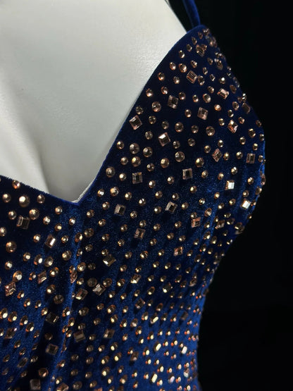 Luxurious Navy Spaghetti Straps Sweetheart Velvet Champagne Rhinestone A-Line Short Homecoming Dress AS2580