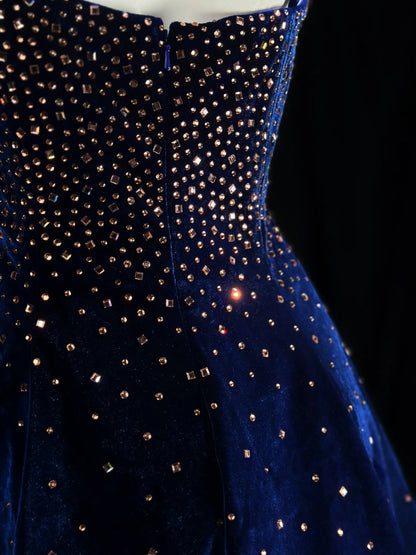 Luxurious Navy Spaghetti Straps Sweetheart Velvet Champagne Rhinestone A-Line Short Homecoming Dress AS2580