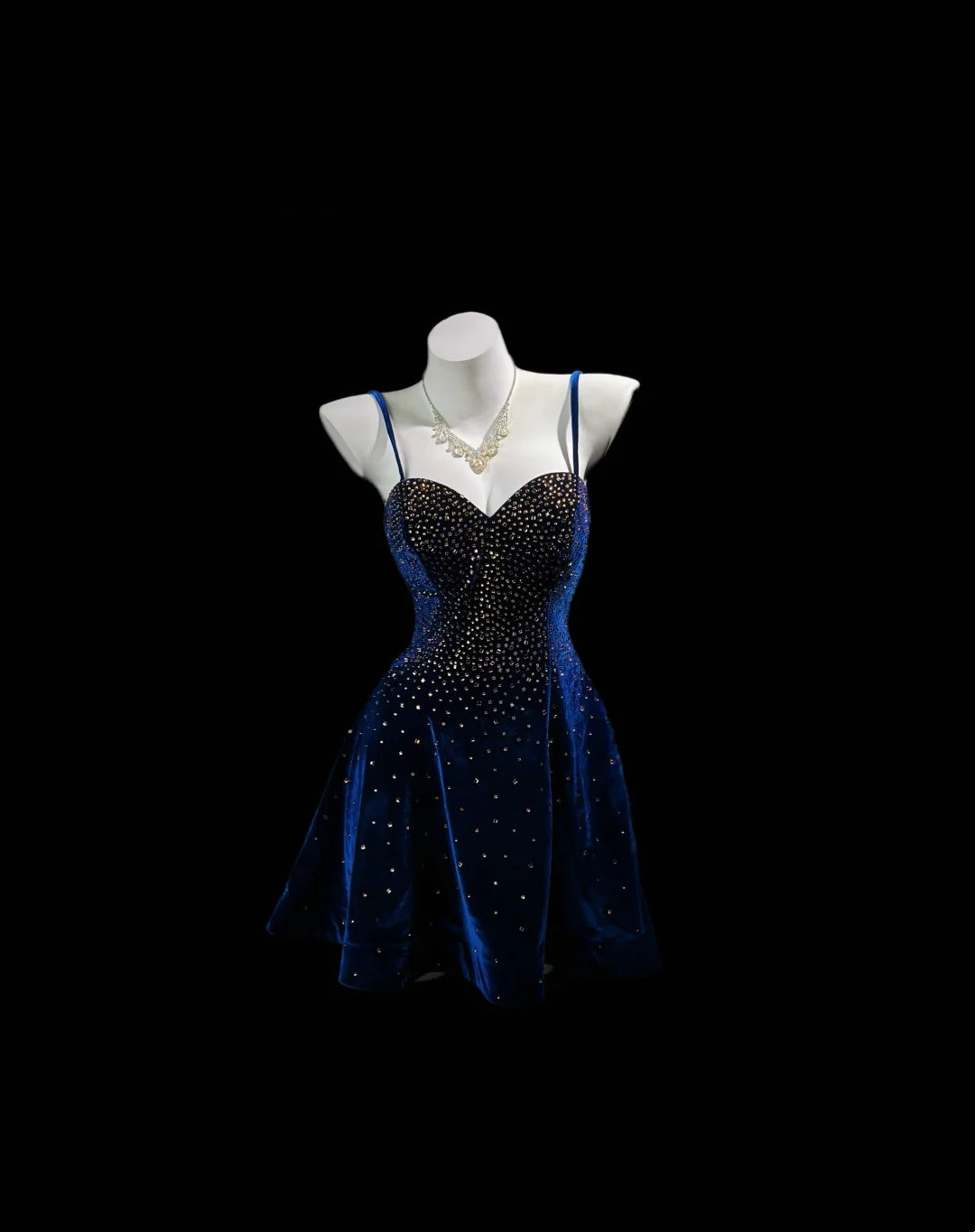Luxurious Navy Spaghetti Straps Sweetheart Velvet Champagne Rhinestone A-Line Short Homecoming Dress AS2580