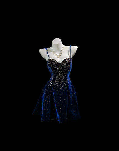 Luxurious Navy Spaghetti Straps Sweetheart Velvet Champagne Rhinestone A-Line Short Homecoming Dress AS2580