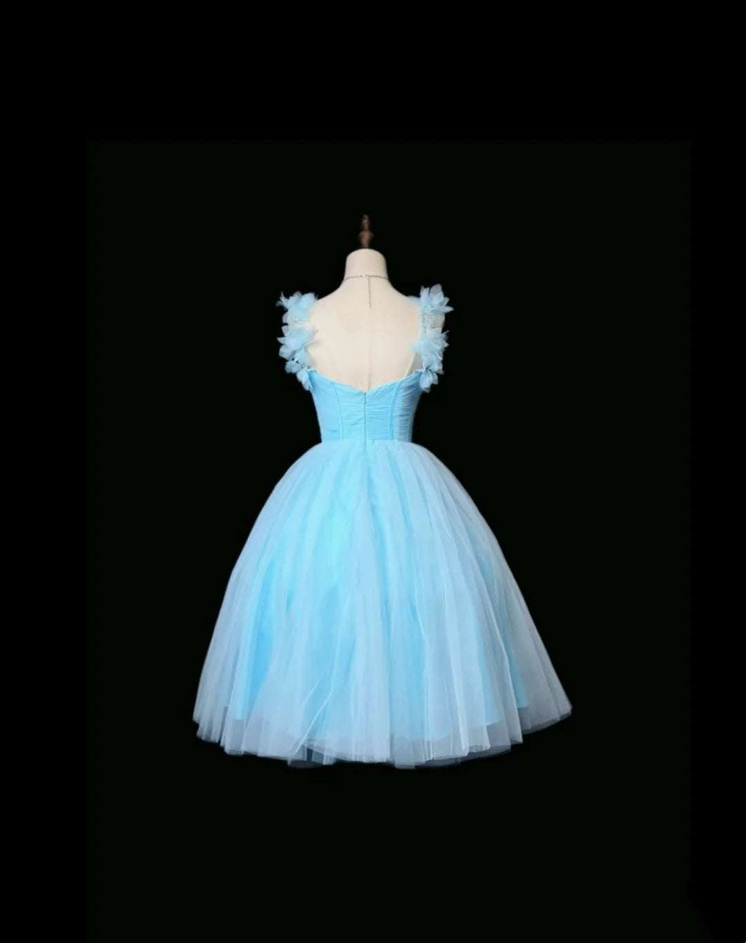 Lovely Light Blue Sweetheart 3D Floral Beaded Ruffle Straps Corset Voluminous Tulle A-Line Midi Homecoming Dress AS2581