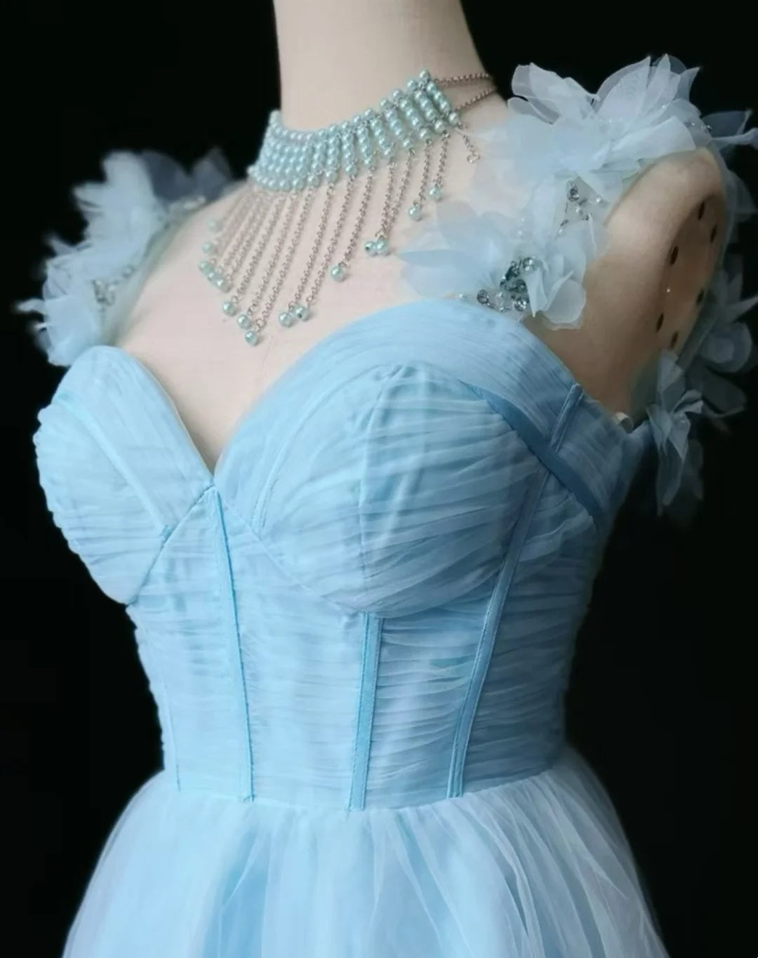 Lovely Light Blue Sweetheart 3D Floral Beaded Ruffle Straps Corset Voluminous Tulle A-Line Midi Homecoming Dress AS2581