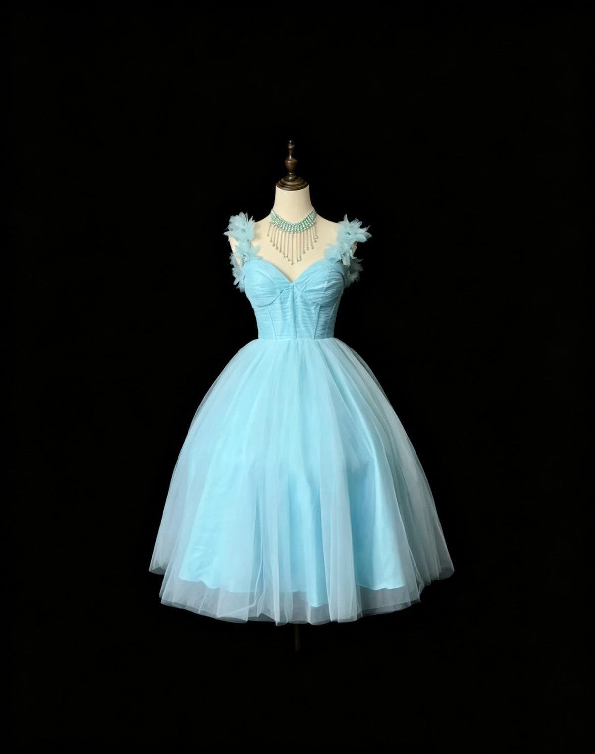 Lovely Light Blue Sweetheart 3D Floral Beaded Ruffle Straps Corset Voluminous Tulle A-Line Midi Homecoming Dress AS2581