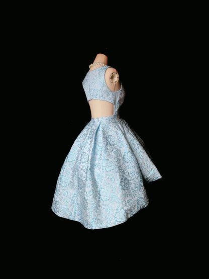 Classic Light Blue Floral Jacquard Sleeveless Deep V Cutout Back Pleated A-Line Short Homecoming Dress AS2585