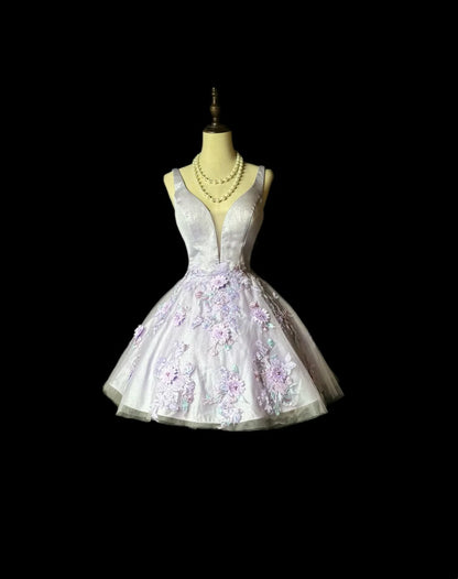 Delicate Lilac Satin V Neck 3D Floral Appliques Puffy Tulle A-Line Short Homecoming Dress AS2586