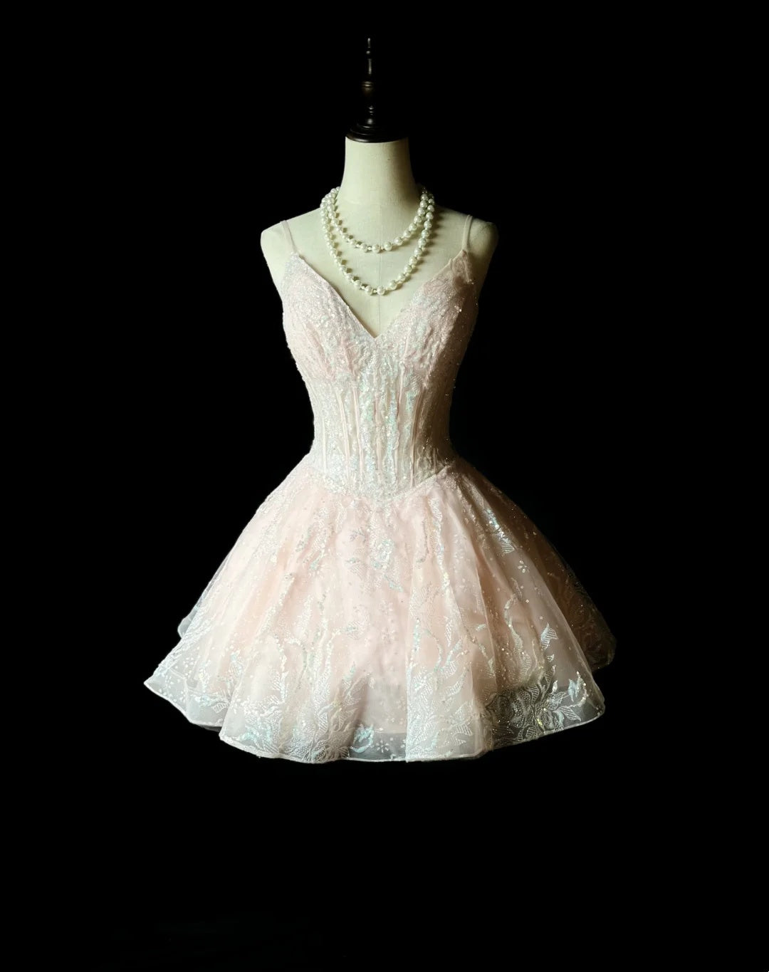 Sparkling Light Pink Spaghetti Straps V Neck Sequin Lace Puffy Tulle A Line Short Homecoming Dress AS2587