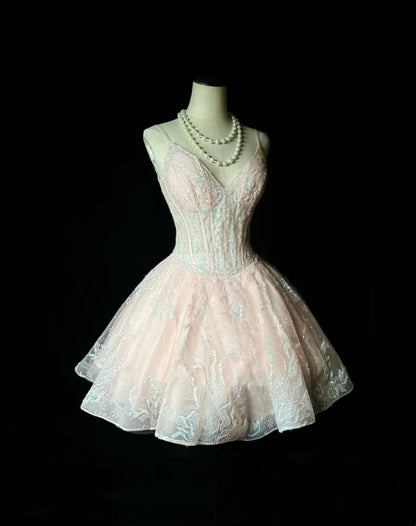 Sparkling Light Pink Spaghetti Straps V Neck Sequin Lace Puffy Tulle A Line Short Homecoming Dress AS2587