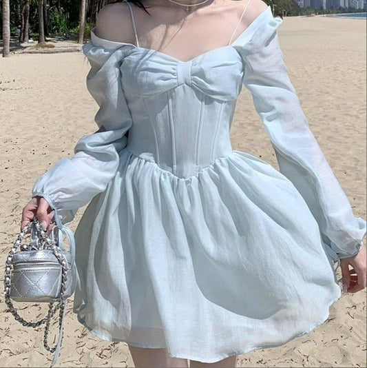 Airy Light Blue Off Shoulder Puff Long Sleeve Flowy Chiffon A Line Short Homecoming Dress AS2589