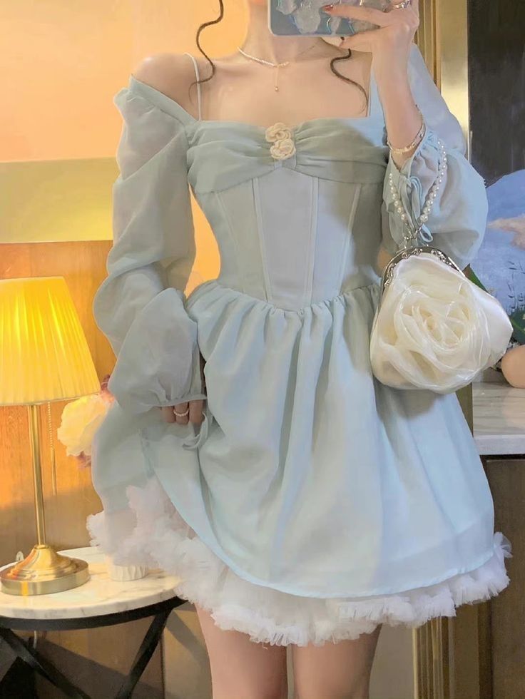 Airy Light Blue Off Shoulder Puff Long Sleeve Flowy Chiffon A Line Short Homecoming Dress AS2589