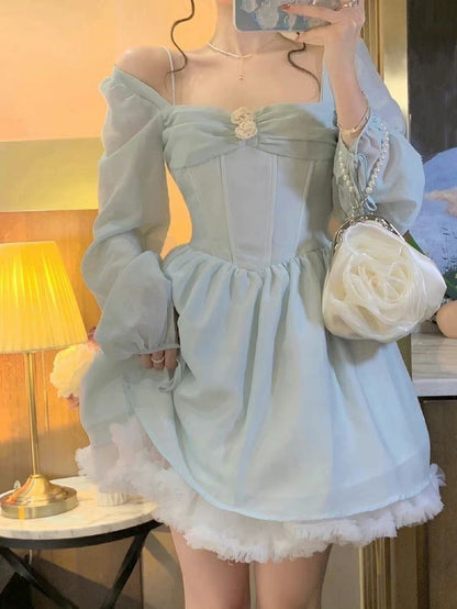 Airy Light Blue Off Shoulder Puff Long Sleeve Flowy Chiffon A Line Short Homecoming Dress AS2589