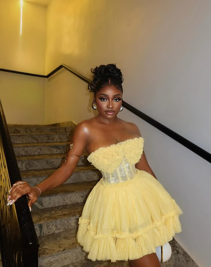 Chic Yellow Strapless 3D Floral Ruffle Bust A Line Short Homecoming Dress AS2590