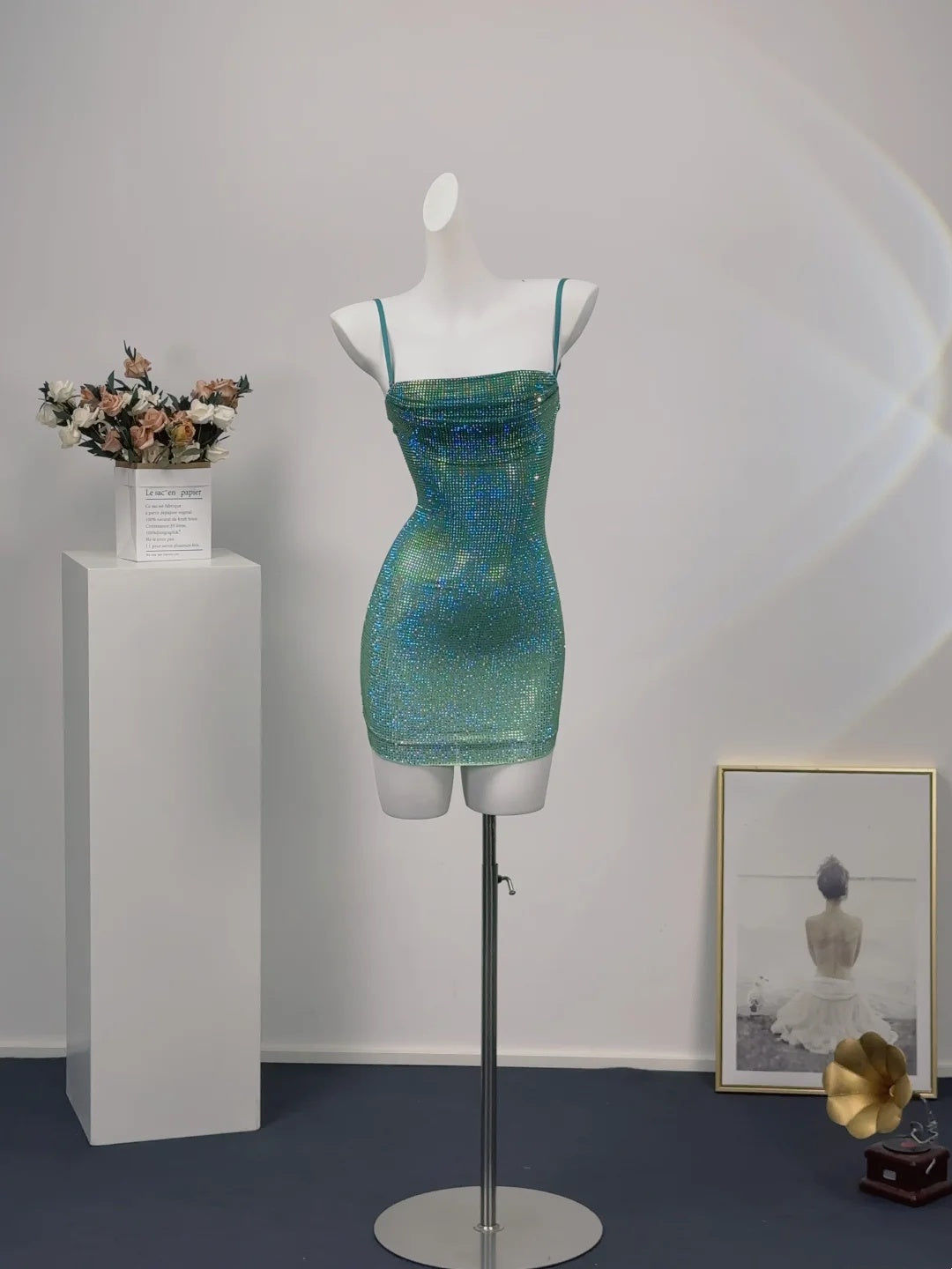 Stunning Royal Blue Ombre Spaghetti Straps Allover Rhinestone Bodycon Short Homecoming Dress AS2591