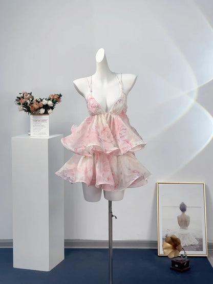 Romantic Pink Floral Spaghetti Straps V-Neck Tiered Ruffle A Line Short Homecoming Dress AS2592