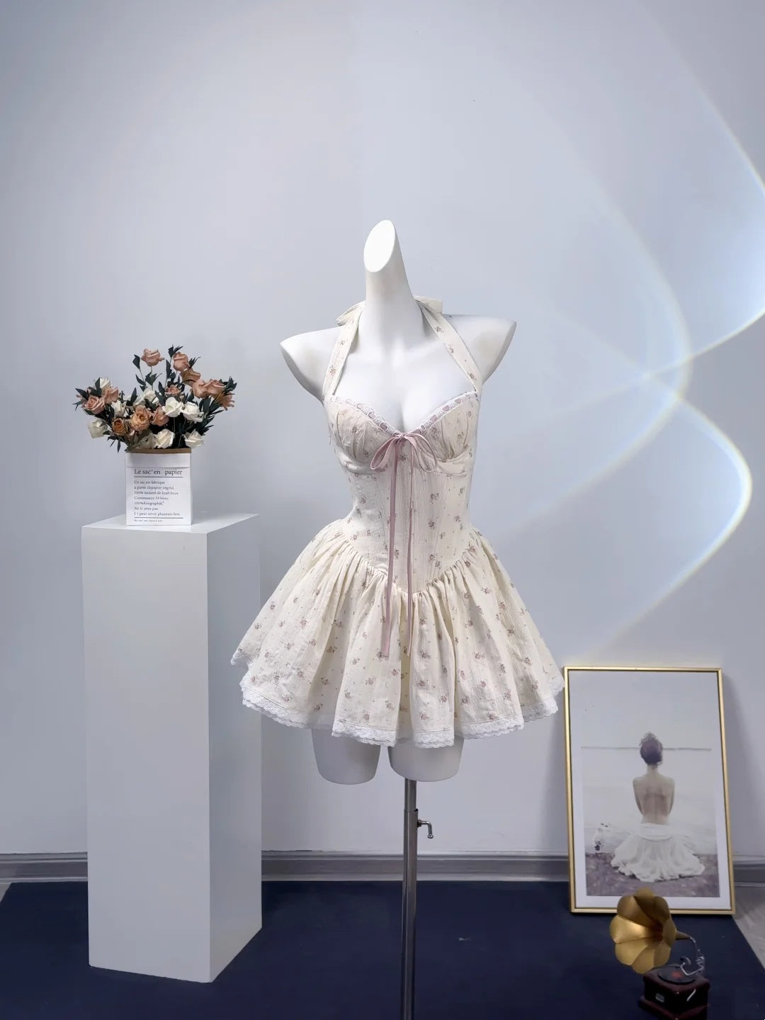 Sweet Ivory Ditsy Floral Pink Bow Halter A Line Short Homecoming Dress AS2593