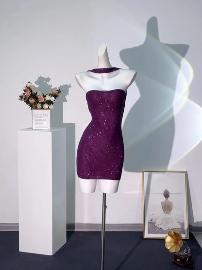 Luxurious Plum Halter Neck Rhinestone Bodycon Homecoming Dress AS2595