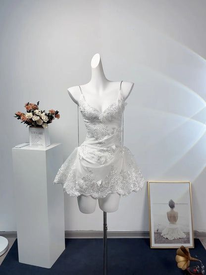 Elegant White Spaghetti Straps V-Neck 3D Butterfly Lace Appliques Ruffled A Line Short Homecoming Dress AS2596
