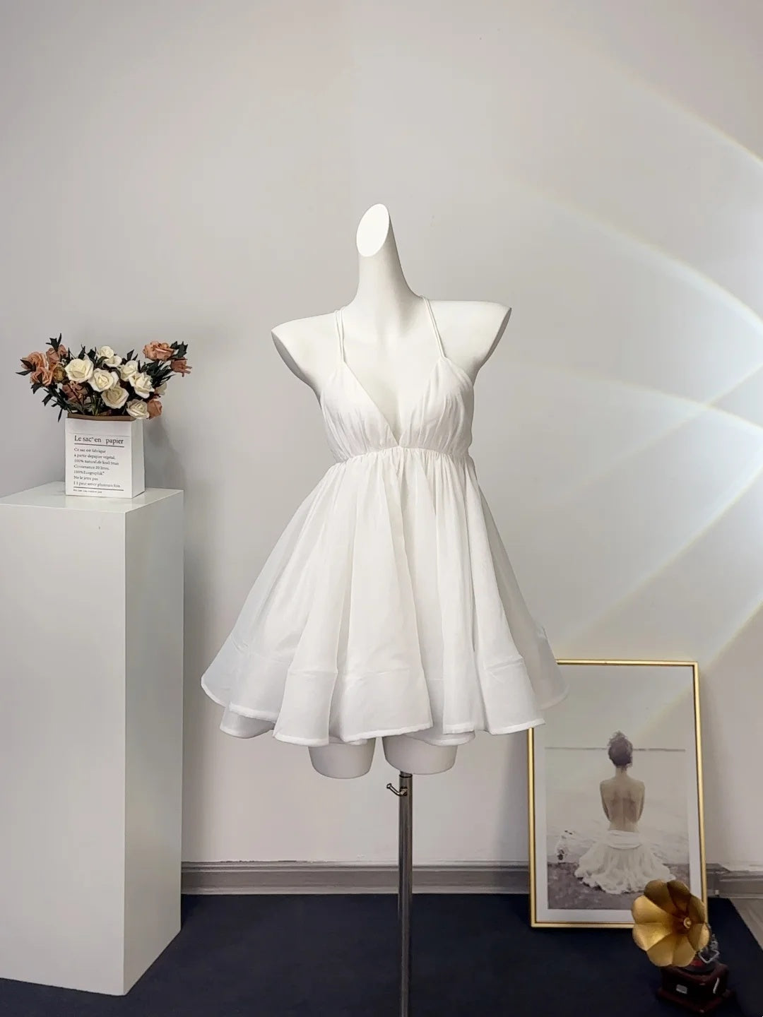 Airy Light Blue Spaghetti Straps Deep V Neck Gathered Waist Flared A-Line Short Homecoming Dress AS2597