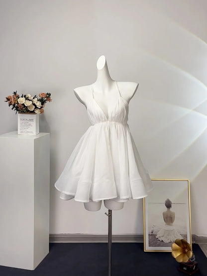 Airy Light Blue Spaghetti Straps Deep V Neck Gathered Waist Flared A-Line Short Homecoming Dress AS2597
