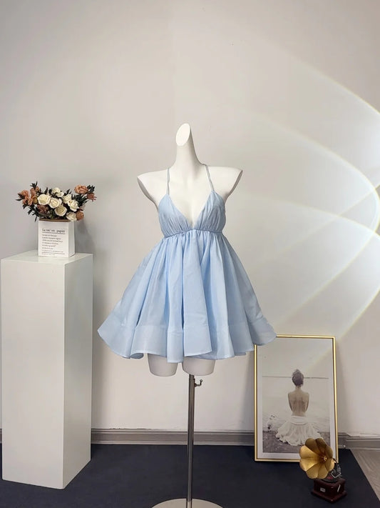 Airy Light Blue Spaghetti Straps Deep V Neck Gathered Waist Flared A-Line Short Homecoming Dress AS2597