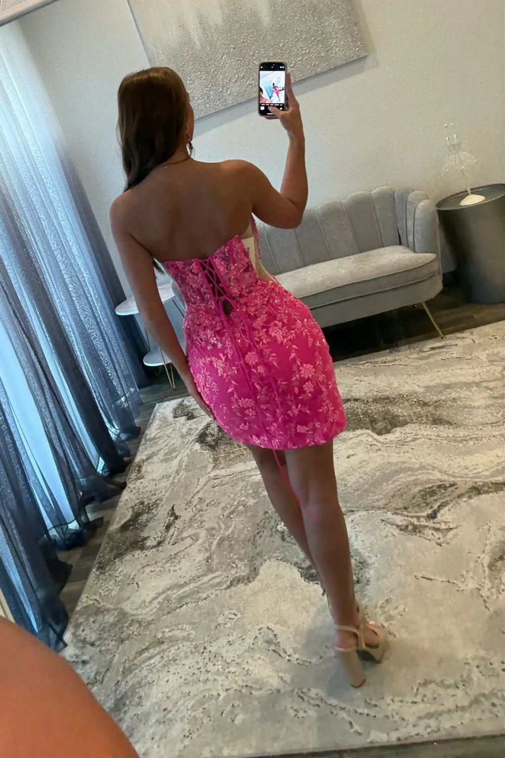 Sparkly Hot Pink Floral Lace Homecoming Dress With Sweetheart Neckline AS260