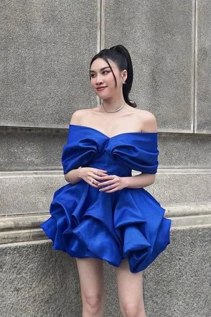 Elegant Royal Blue Off Shoulder Big Bow Satin Ruffled A Line Short Homecoming Dress AS2604