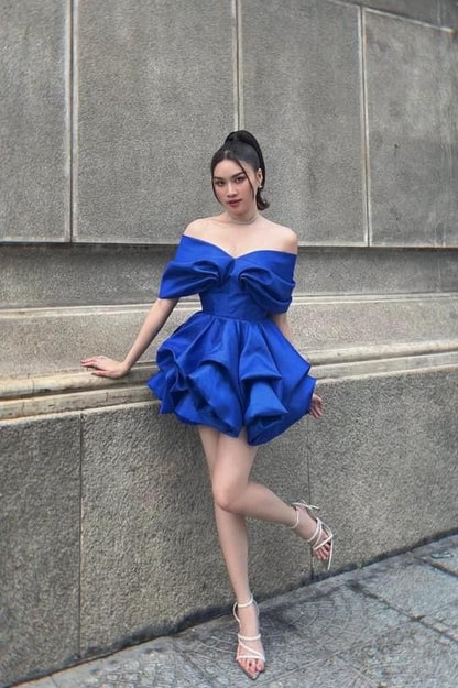 Elegant Royal Blue Off Shoulder Big Bow Satin Ruffled A Line Short Homecoming Dress AS2604