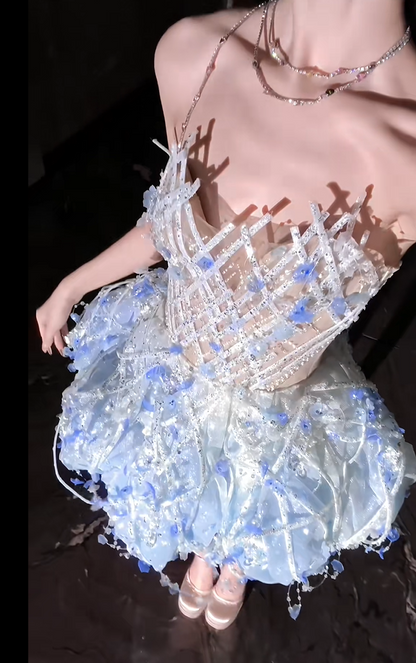 Dreamy Light Blue 3D Floral Rhinestone Beaded Strapless A Line Puffy Tulle Short Homecoming Dress AS2605