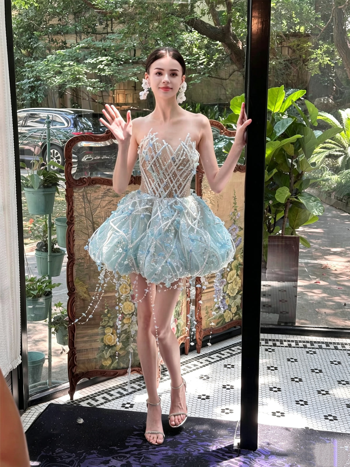 Dreamy Light Blue 3D Floral Rhinestone Beaded Strapless A Line Puffy Tulle Short Homecoming Dress AS2605