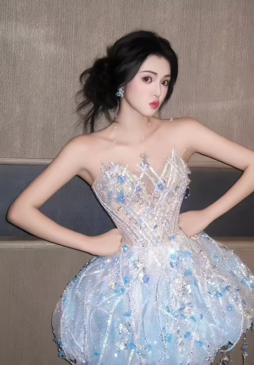 Dreamy Light Blue 3D Floral Rhinestone Beaded Strapless A Line Puffy Tulle Short Homecoming Dress AS2605