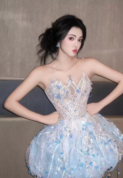 Dreamy Light Blue 3D Floral Rhinestone Beaded Strapless A Line Puffy Tulle Short Homecoming Dress AS2605