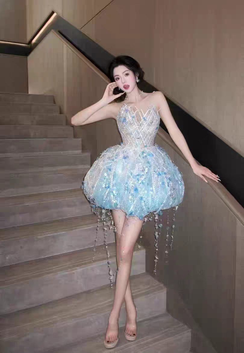 Dreamy Light Blue 3D Floral Rhinestone Beaded Strapless A Line Puffy Tulle Short Homecoming Dress AS2605
