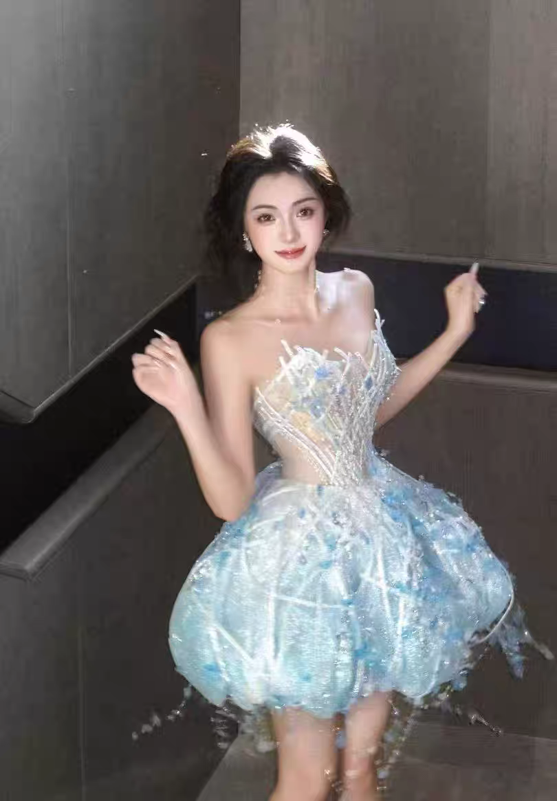 Dreamy Light Blue 3D Floral Rhinestone Beaded Strapless A Line Puffy Tulle Short Homecoming Dress AS2605