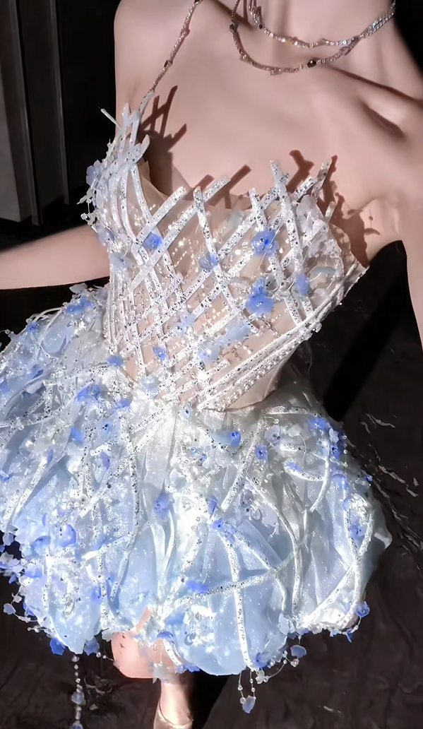 Dreamy Light Blue 3D Floral Rhinestone Beaded Strapless A Line Puffy Tulle Short Homecoming Dress AS2605
