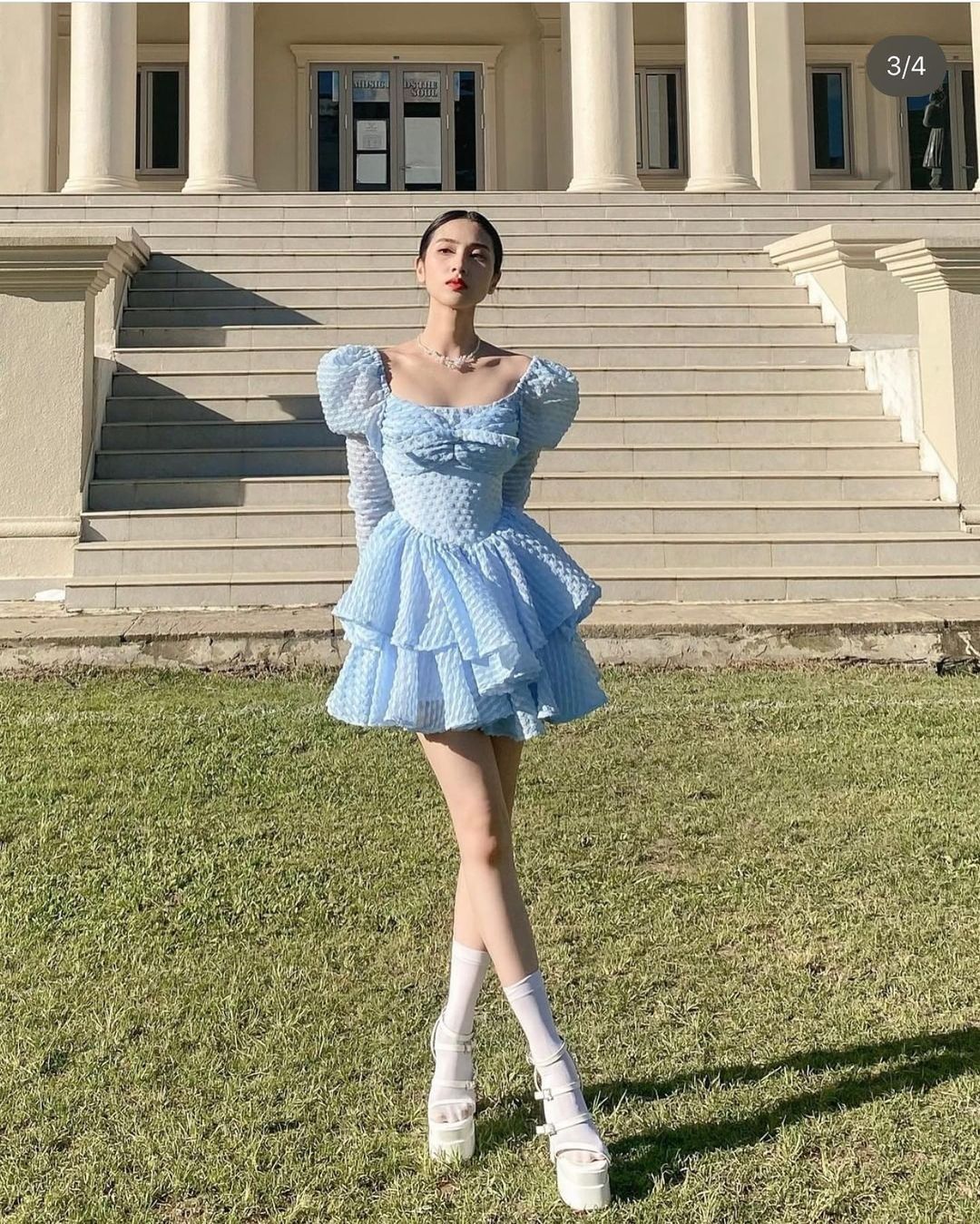 Cute Light Blue Square Neck Puff Long Sleeve Textured Fabric Bow Tiered Ruffle A Line Short Homecoming Dress AS2609